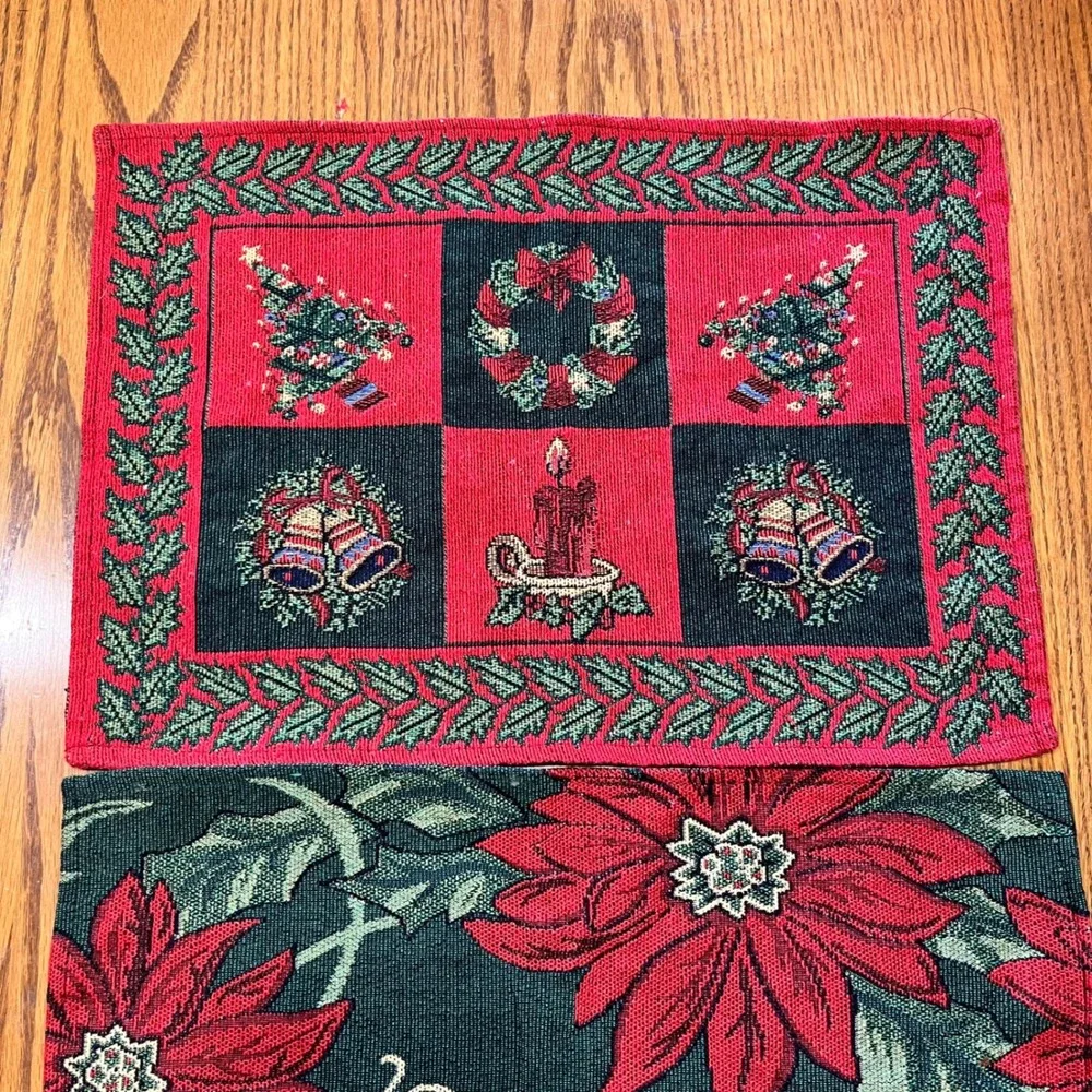 Christmas Tapestry Placemats‎ Holiday Decor Poinsettia Candle Bells Tree Wreath